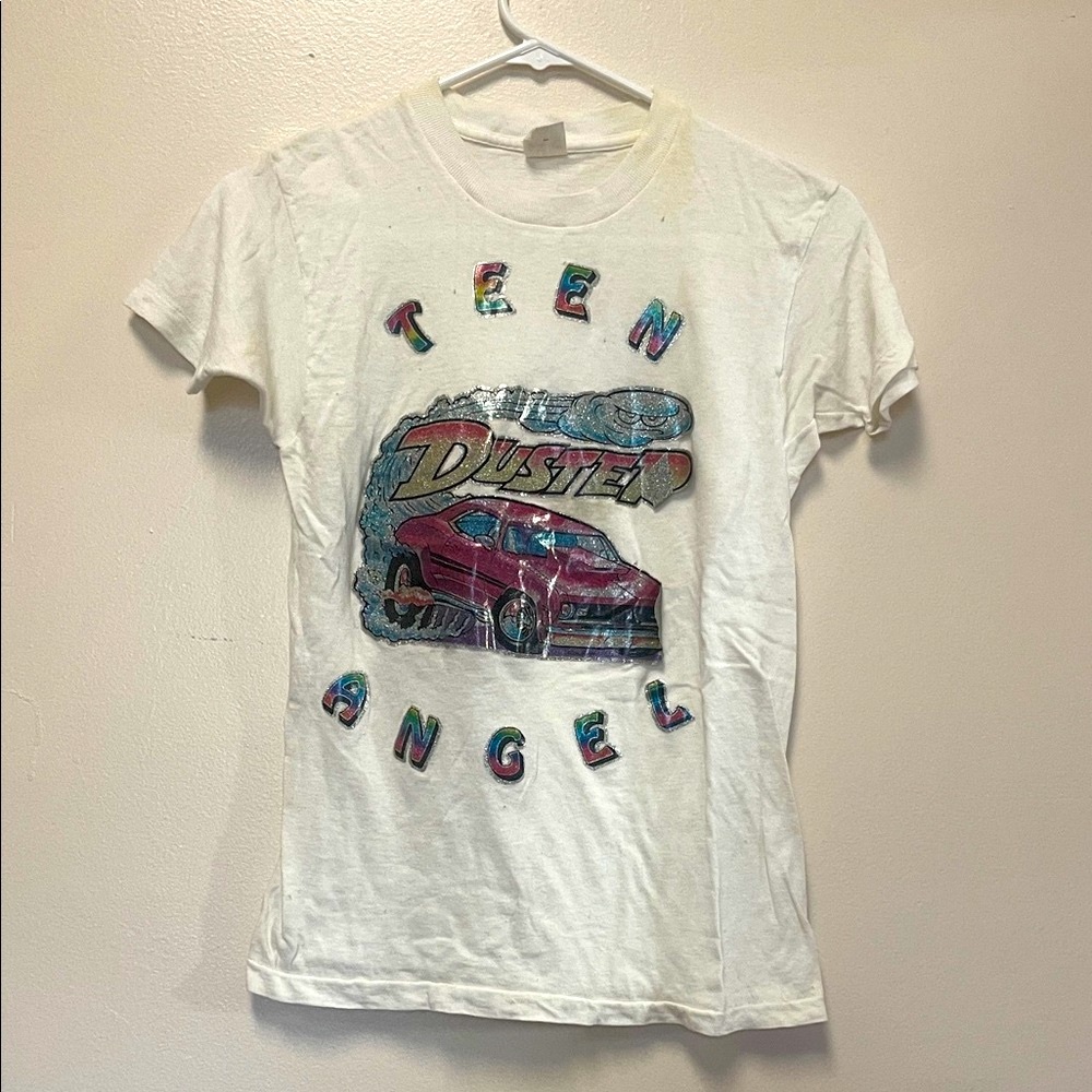 Vintage Graphic Tee with Teen Angel and Duster Car Design
